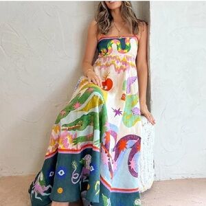 Whimsical Colorful Maxi Dress | Size Small | Linen Blend